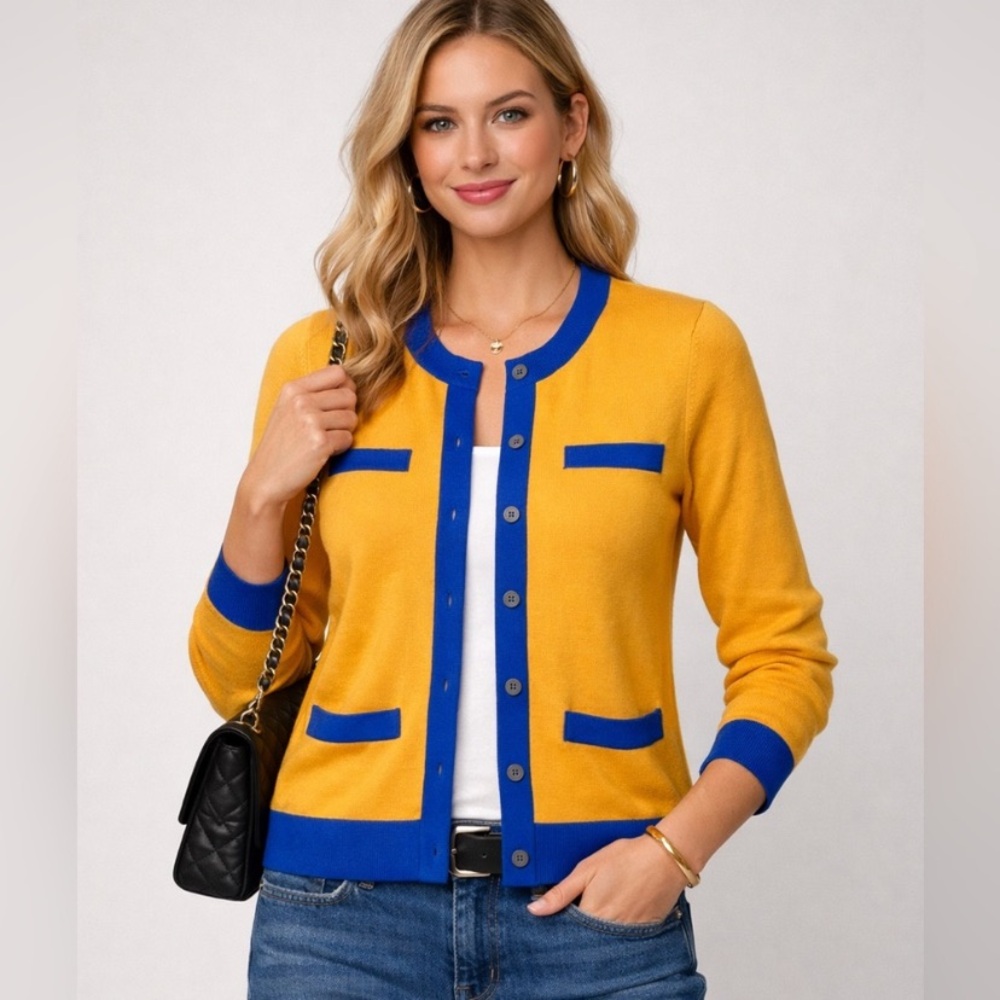 Charter Club Cardigan Sweater Women’s Large Yellow Blue Button Front